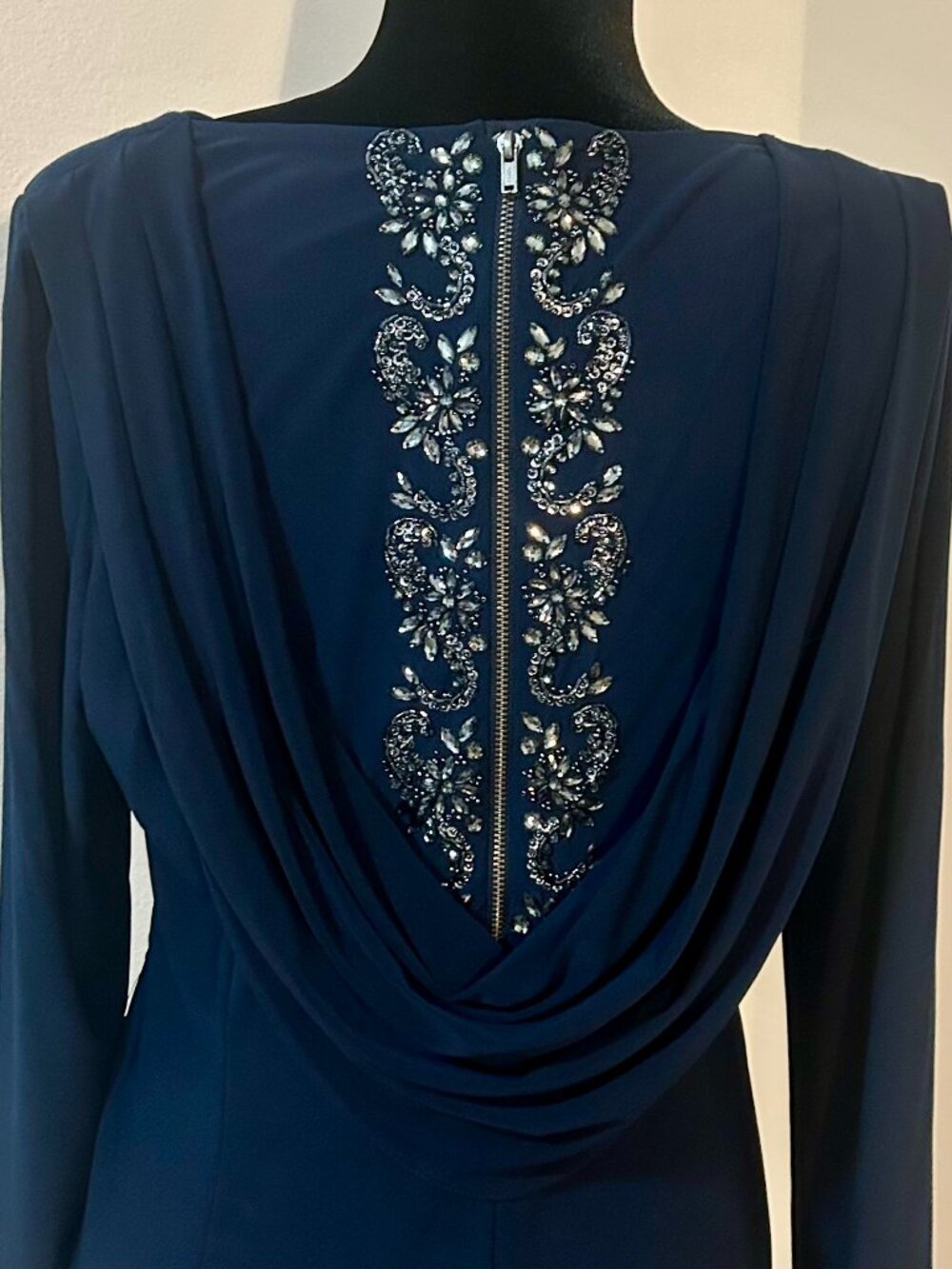Adrianna Papell Navy Draped Jersey Gown Rhinestone Sequin Cowl Back 16 NWT